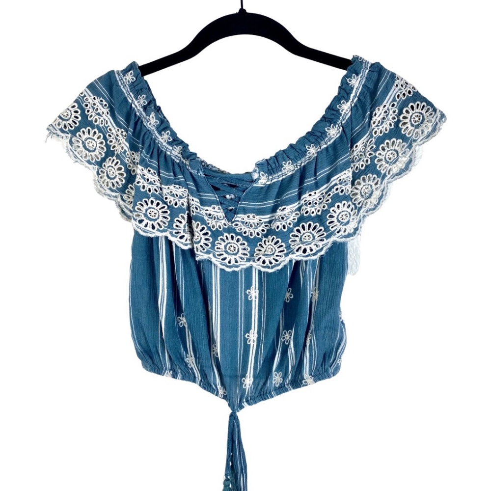 Poof New York Indigo Blue and White Off the Shoulder Lace Up Neckline Crop Top
